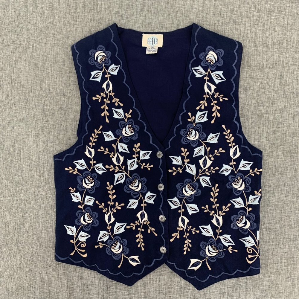 Vintage Pasta navy Blue Vest Floral Embroidered Detail 100% Cotton Medium
